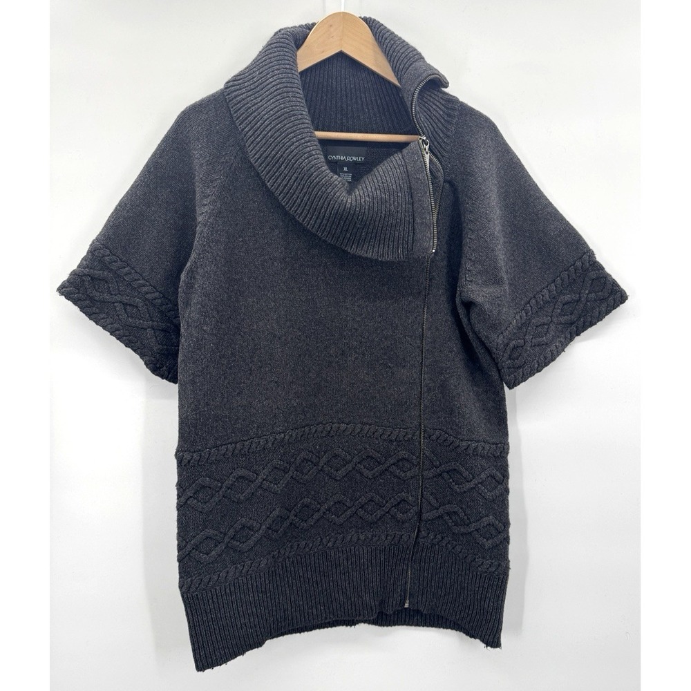 VTG Y2K Womens XL Gray Cardigan Angora Bias Full Zip Funnel Neck Fisherman Prep
